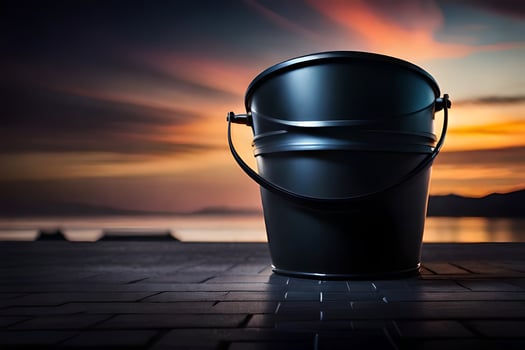 a bucket sitting on the ground at sunset. AI-Generated photo