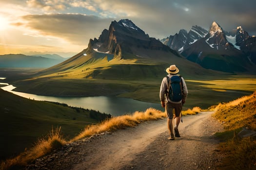 a man with a backpack walks down a dirt road in the mountains. AI-Generated photo