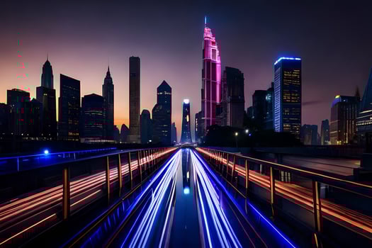 a city skyline at night with lights on the road. AI-Generated photo