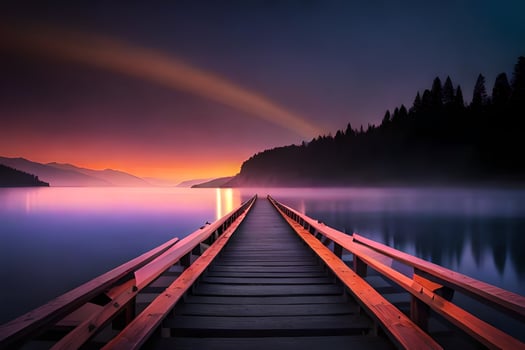 a wooden pier with a rainbow in the sky. AI-Generated photo