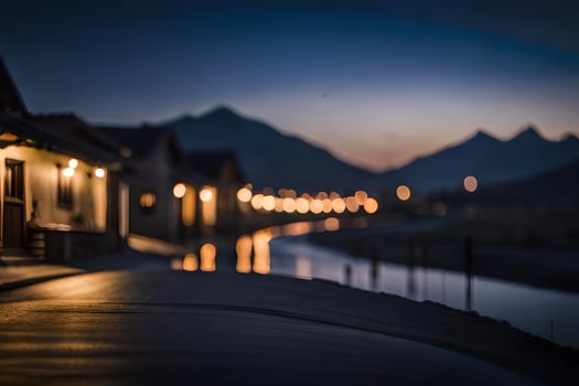 a street at night with lights on the buildings. AI-Generated photo