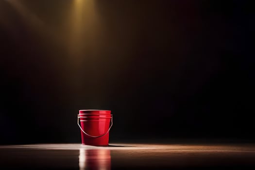 a red bucket on a dark floor with a spotlight. AI-Generated photo