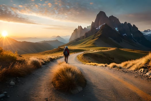 a man walks on a road in the mountains. AI-Generated photo