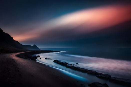 a long exposure photograph of a beach at night. AI-Generated photo