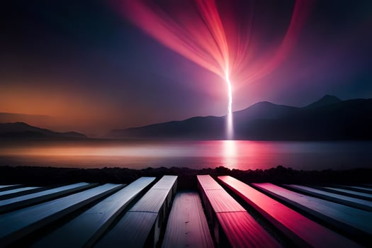 a light beam is shining over a lake and wooden benches. AI-Generated photo