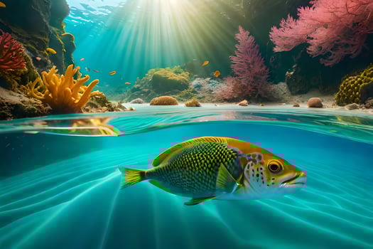 fish swimming in the ocean with coral reefs and sun. AI-Generated photo