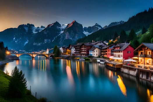 the beautiful village of alpine lake at dusk. AI-Generated photo