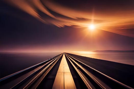 a train track is going through the sky at sunset. AI-Generated photo