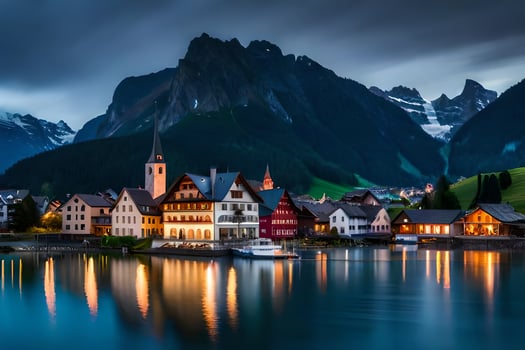photo wallpaper the sky, mountains, water, lake, town, house, house, house,. AI-Generated