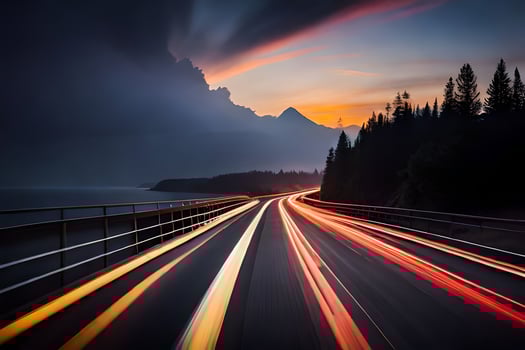 a long exposure photograph of a road with light trails. AI-Generated photo