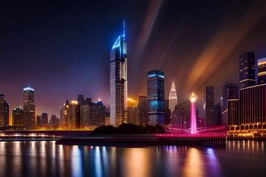 the city skyline is lit up at night. AI-Generated photo