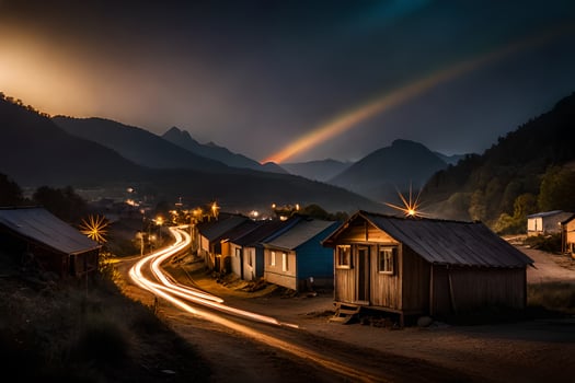 a rainbow shines over a village at night. AI-Generated photo
