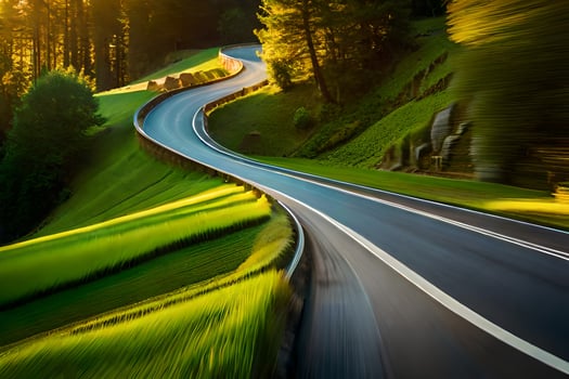 a winding road in the mountains with trees and grass. AI-Generated photo