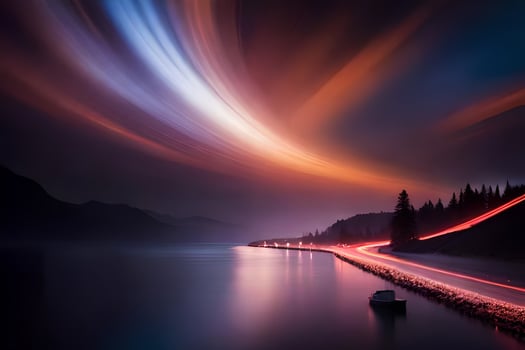 a long exposure photograph of a car driving along a road at night. AI-Generated photo