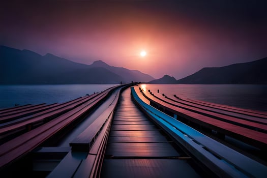 a long wooden pier with the sun setting over the water. AI-Generated photo