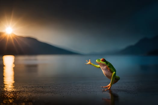 a frog standing on the shore of a lake at sunset. AI-Generated photo