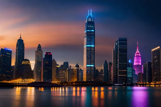 the city skyline at night with colorful lights. AI-Generated photo
