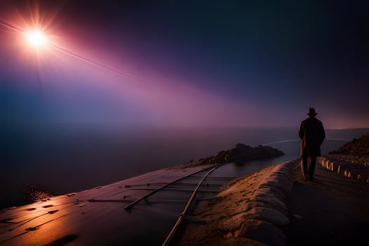 a man stands on a cliff overlooking the ocean at night. AI-Generated photo