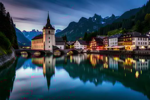 the town of hallstatt in the alps at dusk. AI-Generated photo