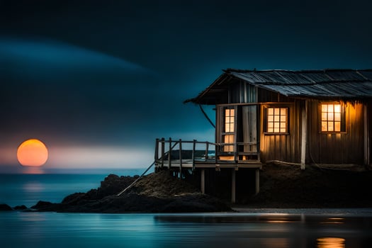 a small wooden house sits on the shore of the ocean. AI-Generated photo