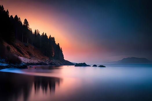 a beautiful sunset over the ocean with trees and rocks. AI-Generated photo