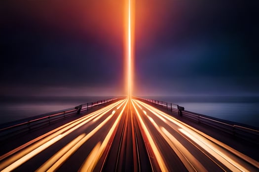 a long exposure photo of a bridge with light trails. AI-Generated
