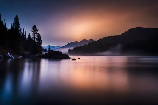 a lake in the mountains with trees and fog. AI-Generated photo