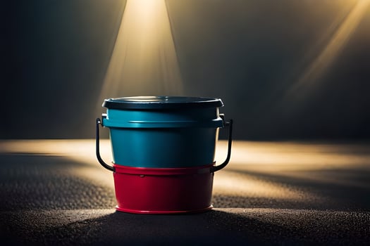 a red and blue bucket sitting on a dark floor. AI-Generated photo