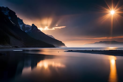 photo wallpaper the sky, mountains, water, the sun, the mountains, the mountains, the. AI-Generated