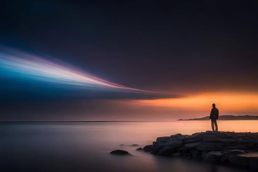 a man stands on a rock in front of a sunset. AI-Generated photo