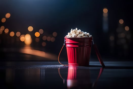 a bucket of popcorn on a table with lights in the background. AI-Generated photo