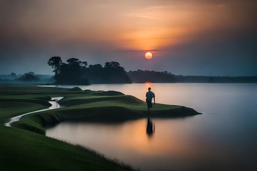 a man stands on a small island in the middle of a lake at sunset. AI-Generated photo