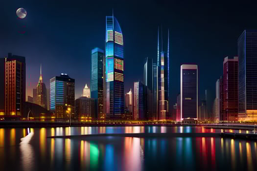 city lights reflected in the water at night. AI-Generated photo