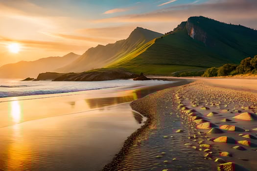 the sun rises over the mountains and the beach in this beautiful photo. AI-Generated photo
