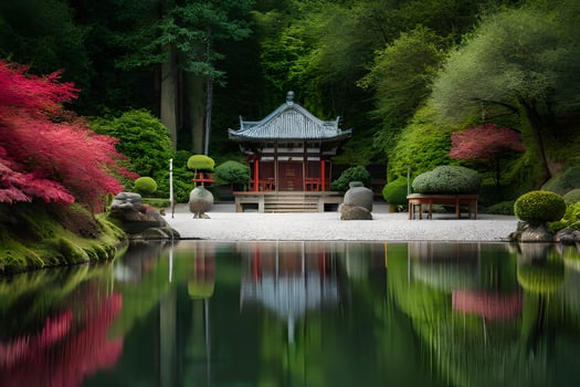 a japanese garden with a pond and a pagoda. AI-Generated photo