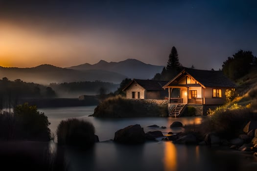 a small cabin sits on the shore of a lake at dusk. AI-Generated photo
