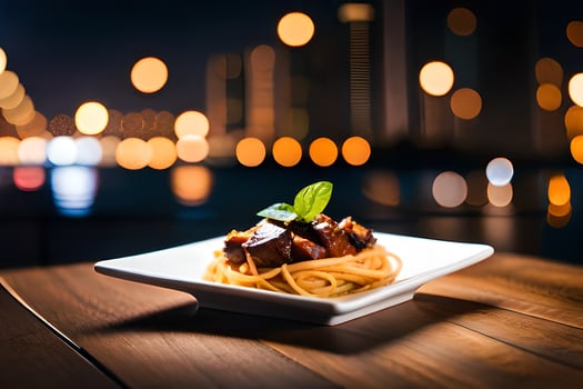 a plate of spaghetti with meat and a city view. AI-Generated photo