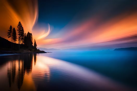 a beautiful sunset over a lake with trees. AI-Generated photo