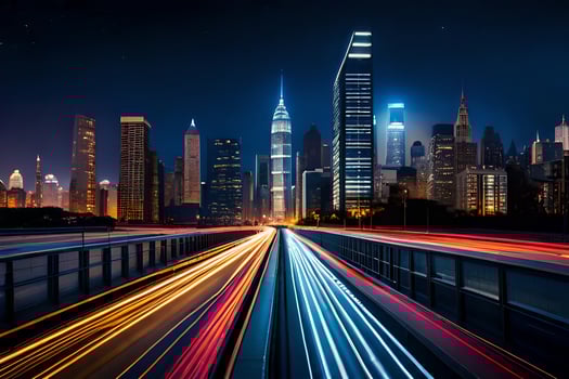 a city skyline at night with light trails. AI-Generated photo
