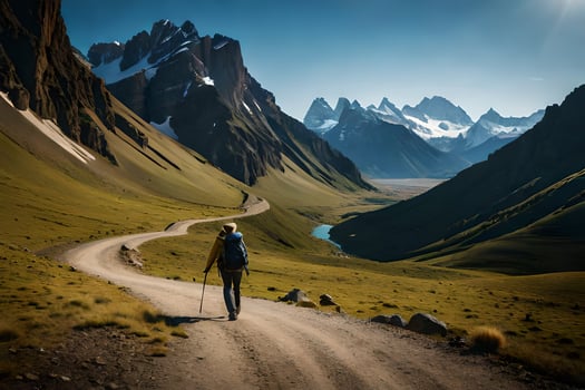 a man walking on a road in the mountains. AI-Generated photo