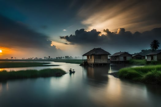 the sun rises over a river and a small village. AI-Generated photo