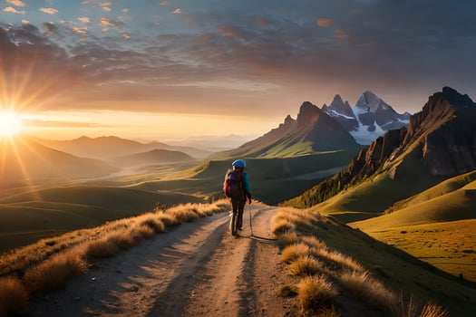 a person walking on a dirt road in the mountains. AI-Generated photo