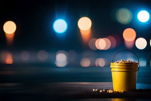 a bucket of popcorn on the road at night. AI-Generated photo