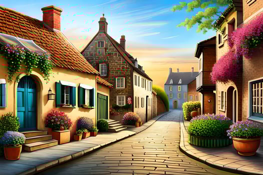 an illustration of a street in a small town. AI-Generated photo