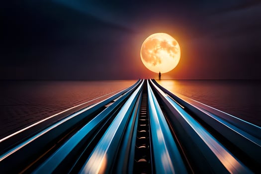 a train track with a full moon in the background. AI-Generated photo