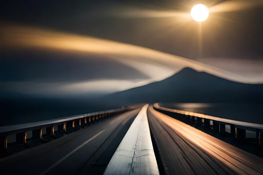 a long bridge with the sun shining over it. AI-Generated photo