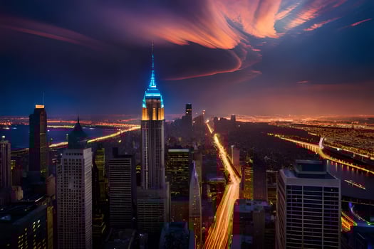 the city skyline at night with clouds and lightning. AI-Generated photo