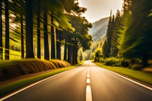 a blurry image of a road in the forest. AI-Generated photo