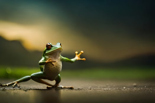 a frog standing on its hind legs with its arms outstretched. AI-Generated photo
