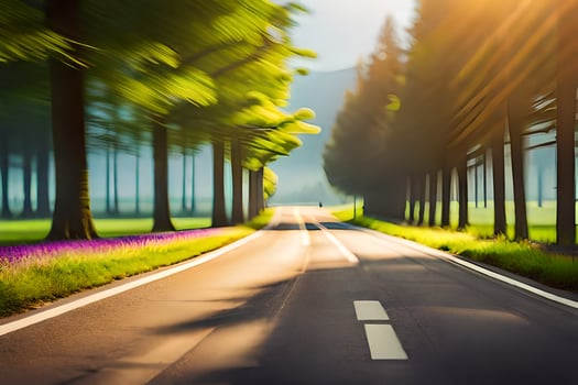 a road in the middle of a forest with trees. AI-Generated photo